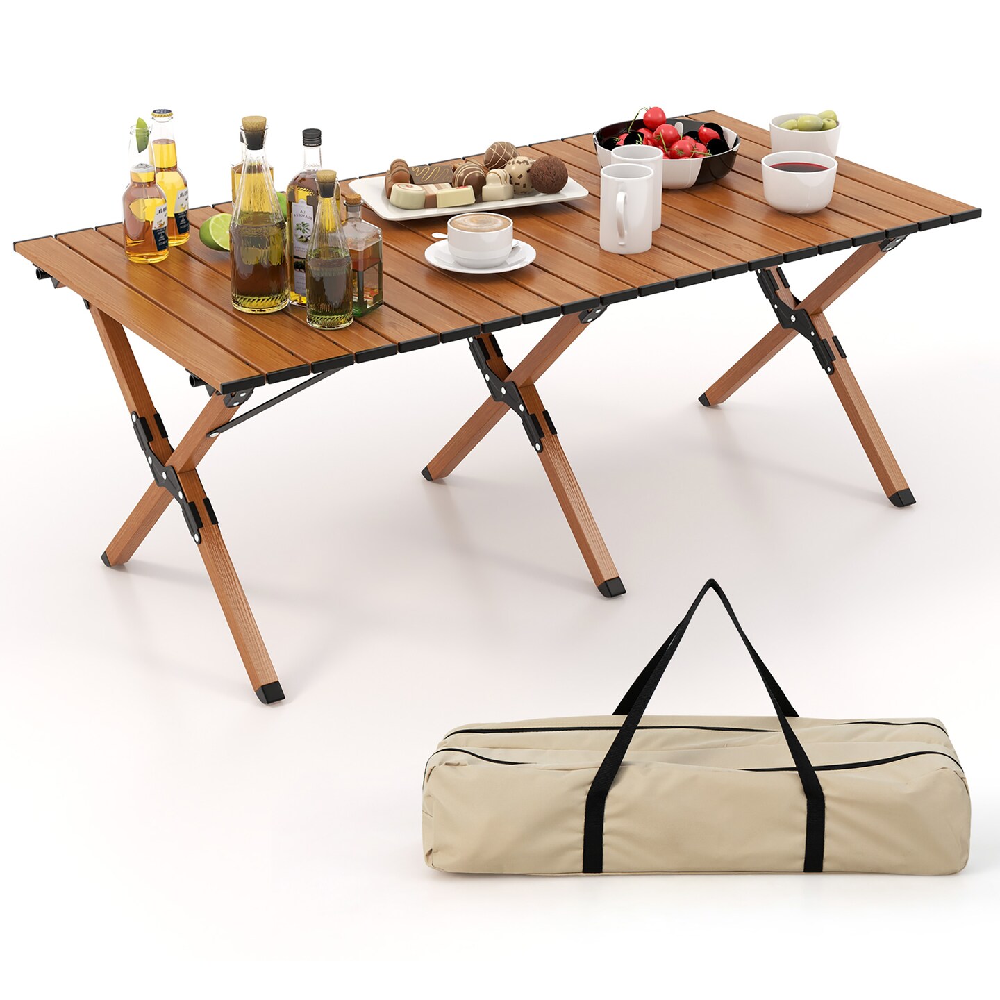 Costway Folding Aluminum Camping Table with Carry Bag Roll-Up Picnic Table with Wood Grain