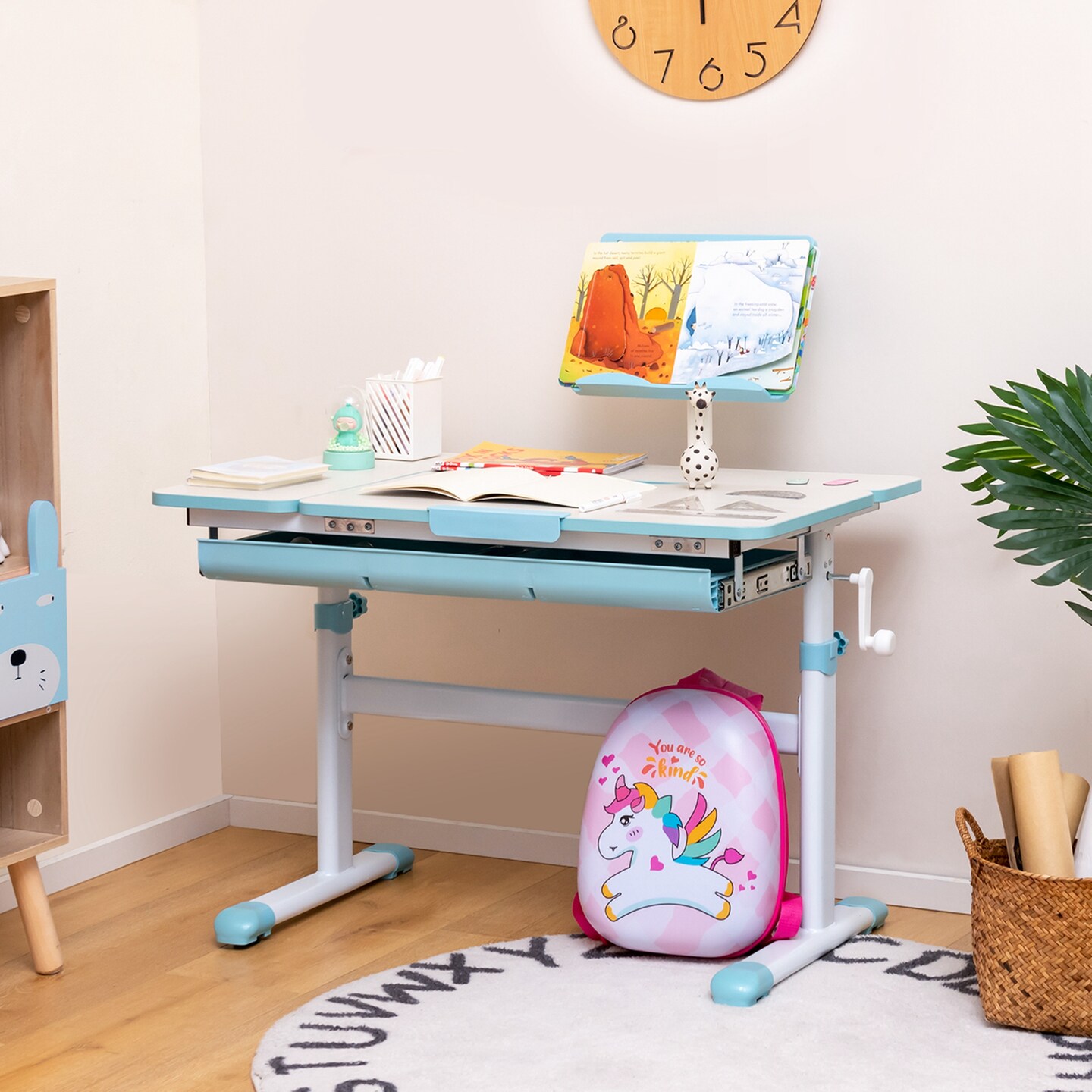 Costway Height-Adjustable Kids Desk Children Study Table with Tilt Desktop &#x26; Book Stand Blue/Pink