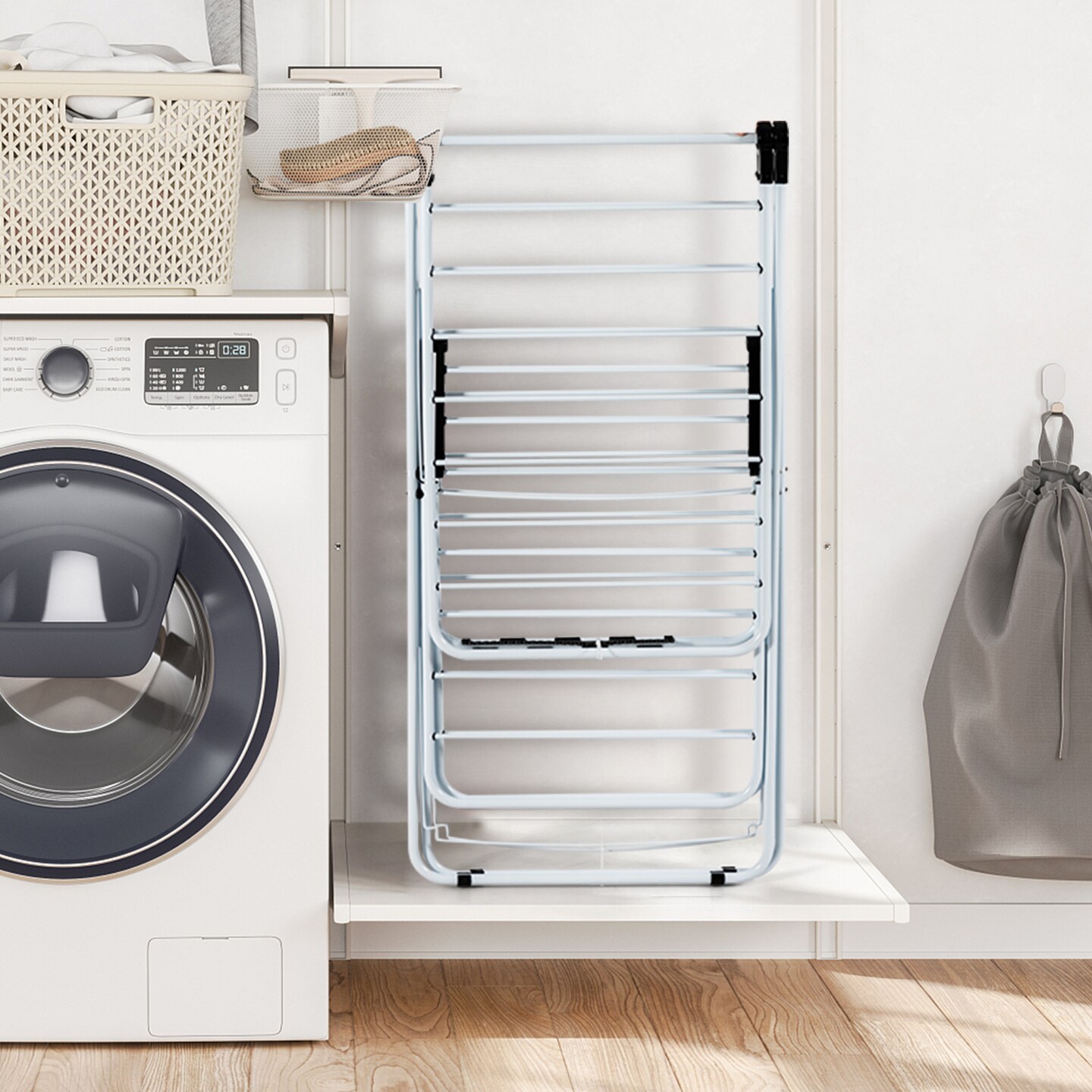 2-Tier Foldable Clothes Rack With Adjustable Wings Indoor Outdoor White Black