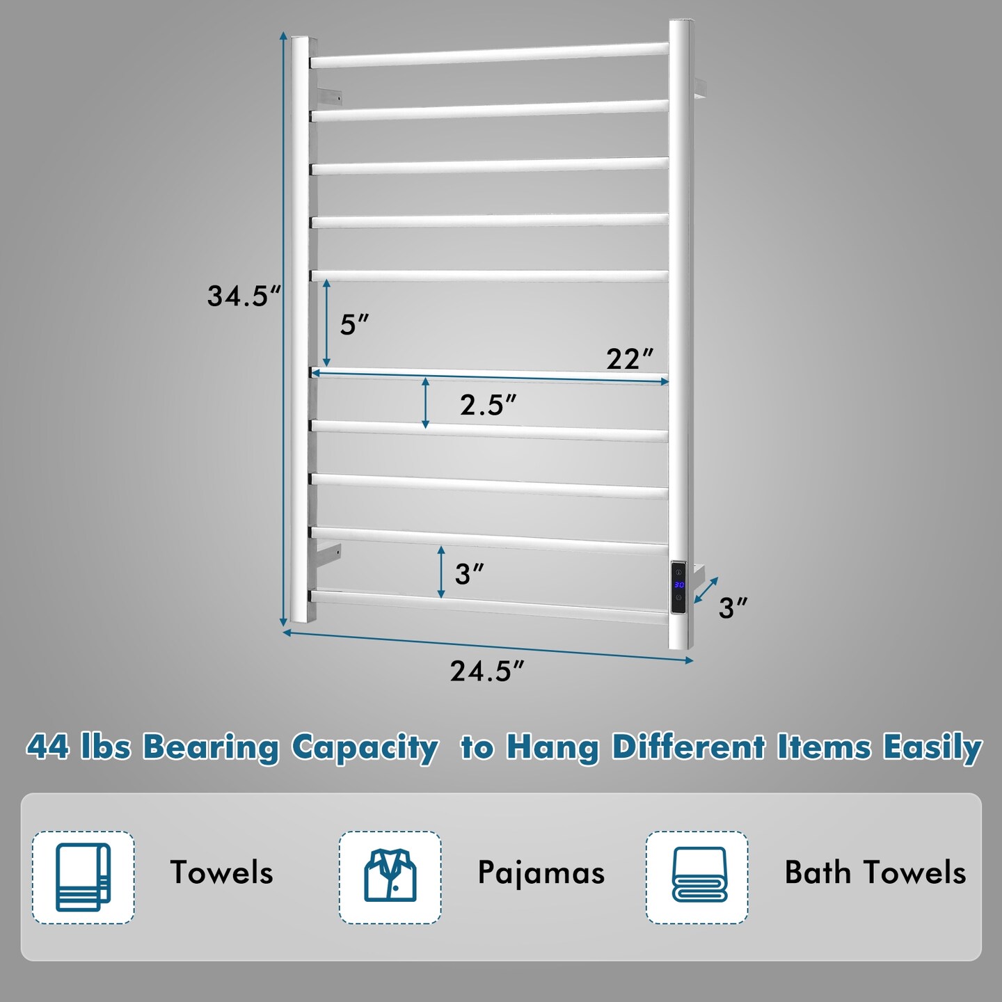 10 Bar Towel Warmer Wall Mounted Electric Heated Towel Rack with Built-in Timer-Silver