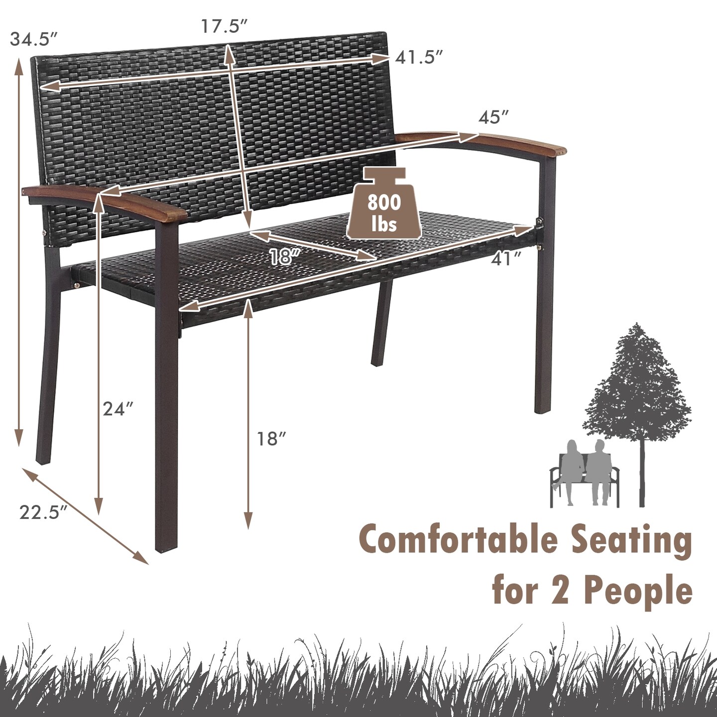 Rattan Patio Seating Bench with Steel Frame and Wood Arms Brown