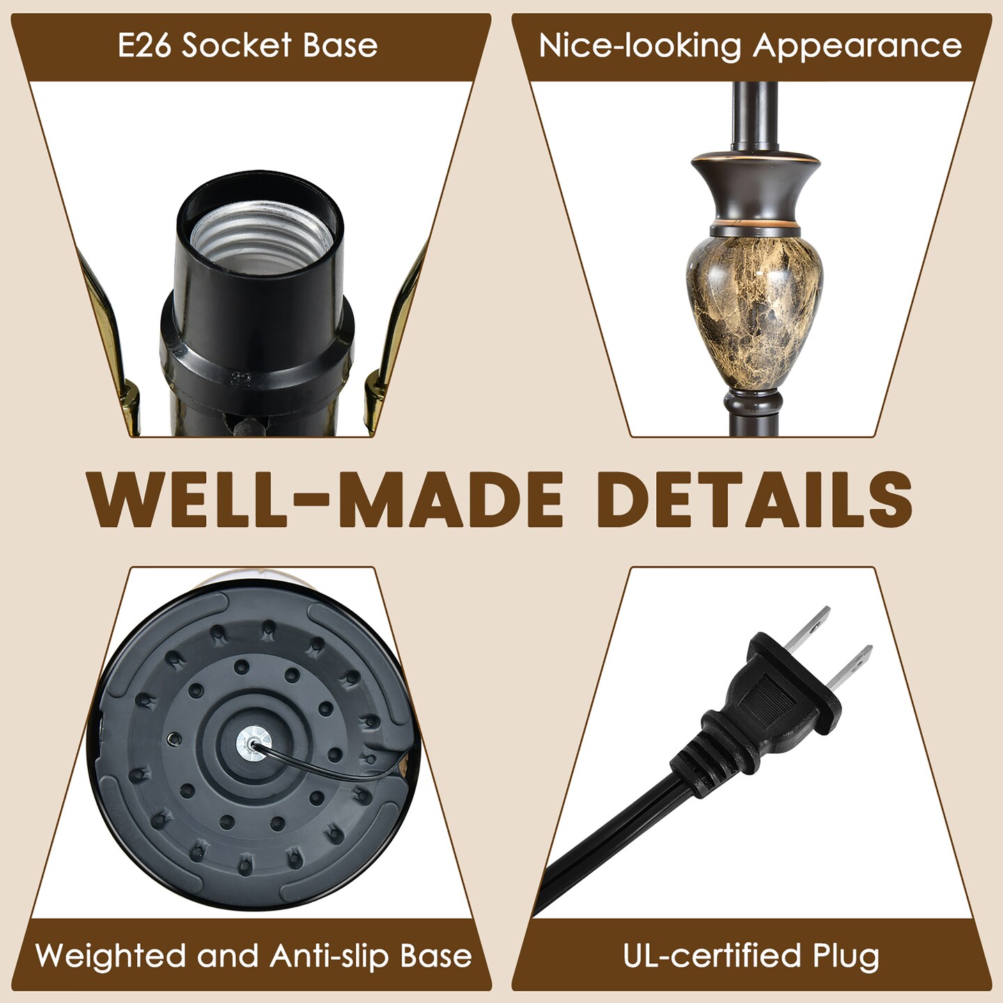 Costway 3-Piece Traditional Style Lamp Set with Linen Fabric Lamp Shades & Weighted Bases