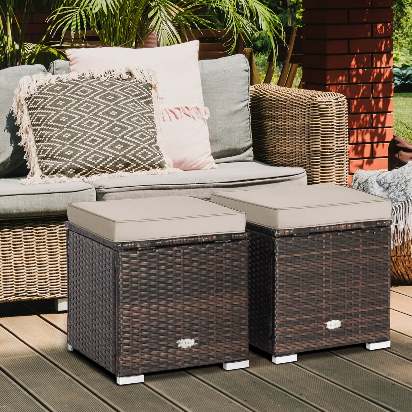 2 Pieces Patio Storage Ottoman with Removable and Washable Cushions