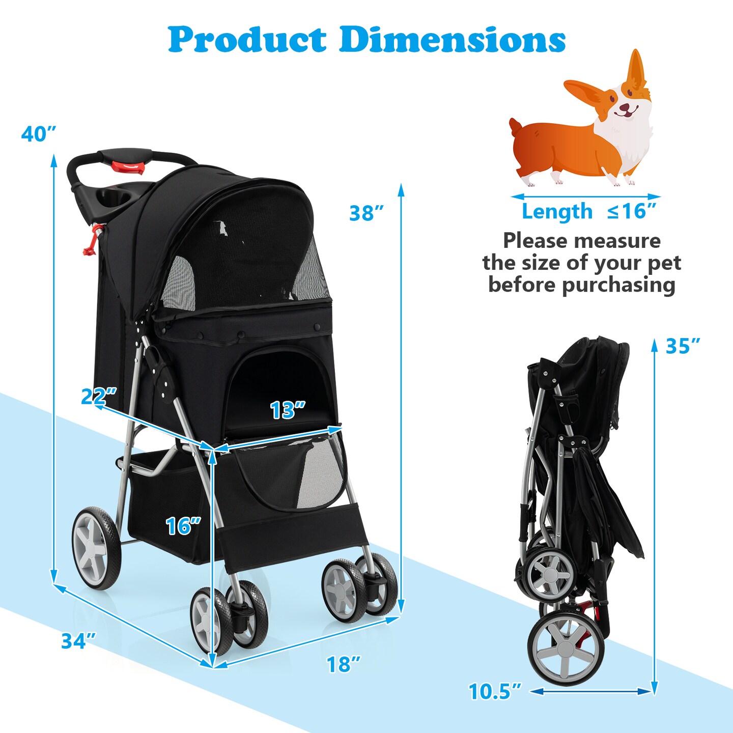 Folding Pet Stroller with Storage Basket and Adjustable Canopy