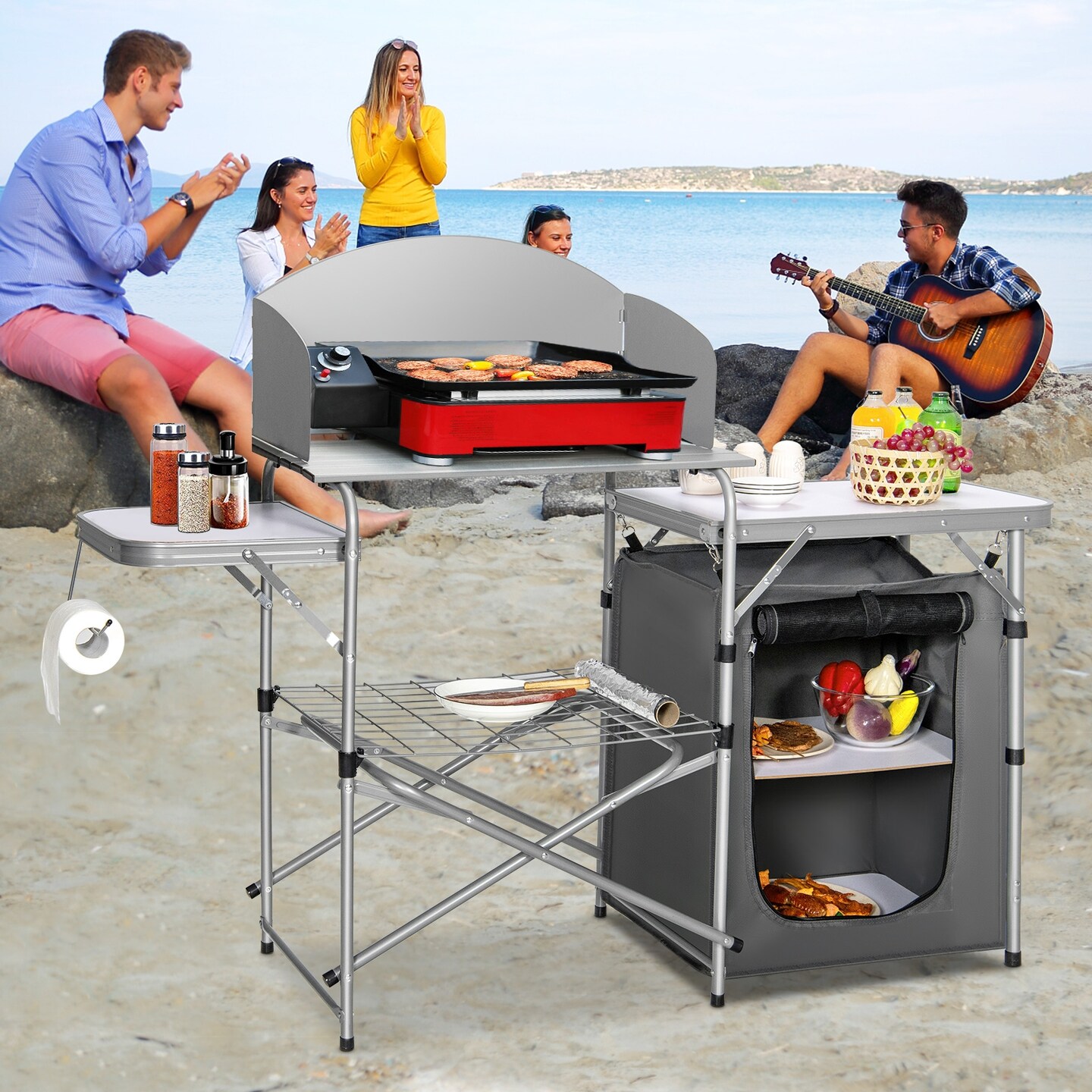 Fold-able Outdoor BBQ Portable Grilling Table With Windscreen Bag
