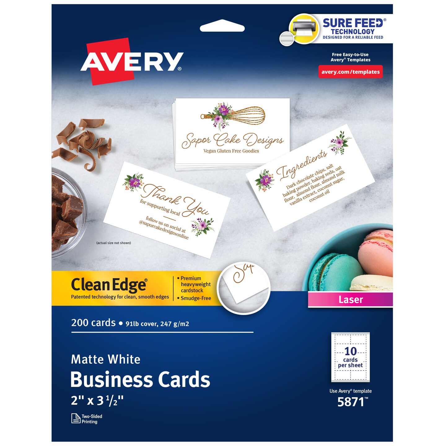 Avery Clean Edge Printable Business Cards with Sure Feed Technology, 2&#x22; x 3.5&#x22;, White, 200 Blank Cards for Laser Printers (5871)