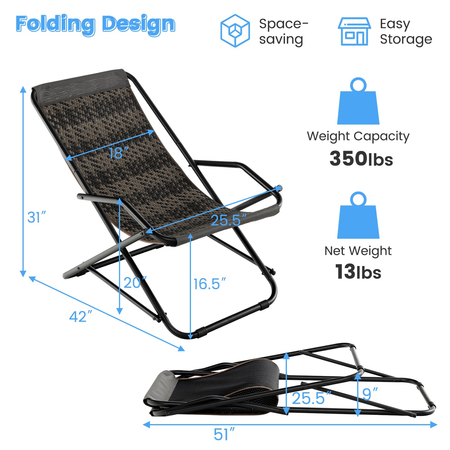 Outdoor Patio PE Wicker Rocking Chair with Armrests and Metal Frame-Grey