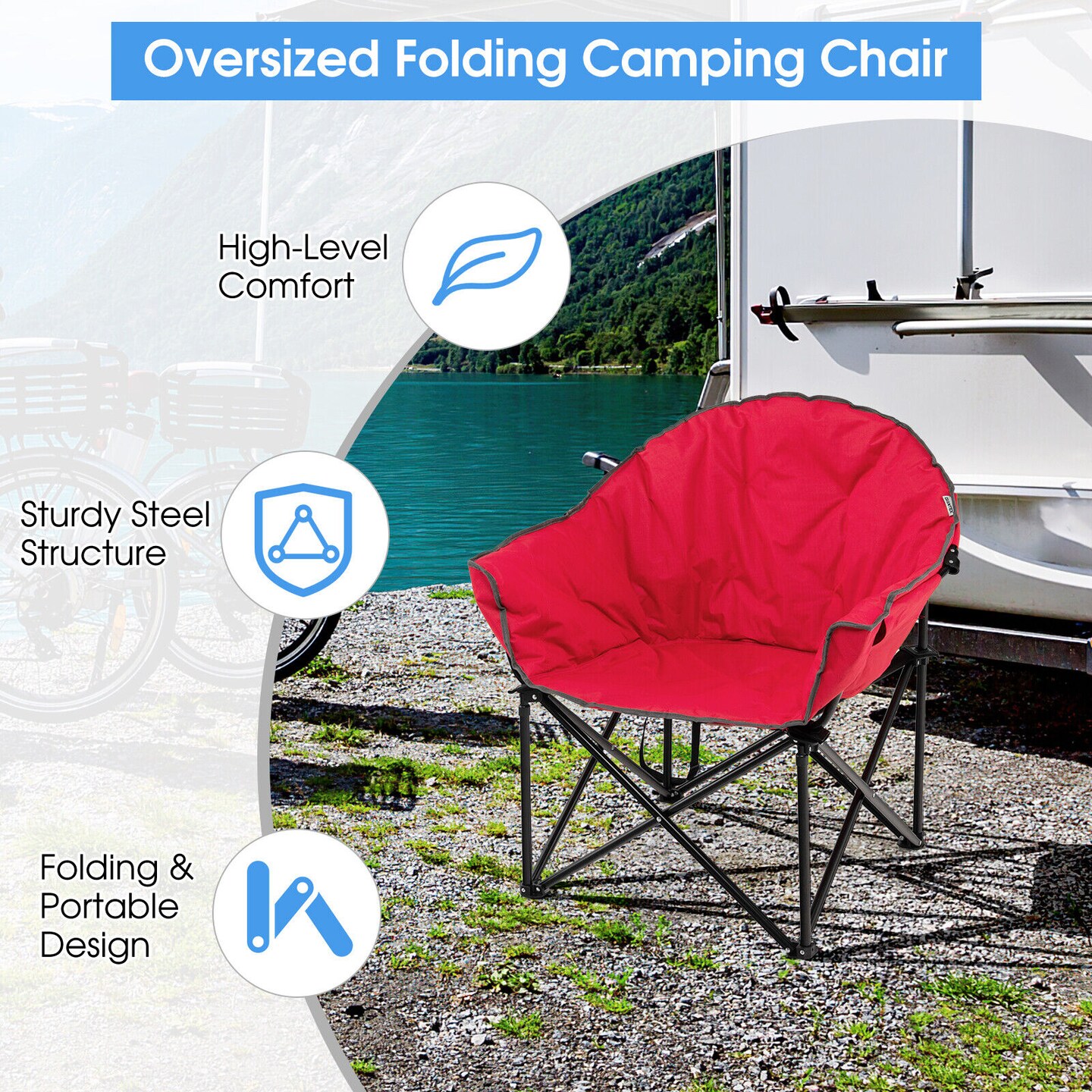 Folding Camping Moon Padded Chair with Cup Holder and Carrying Bag