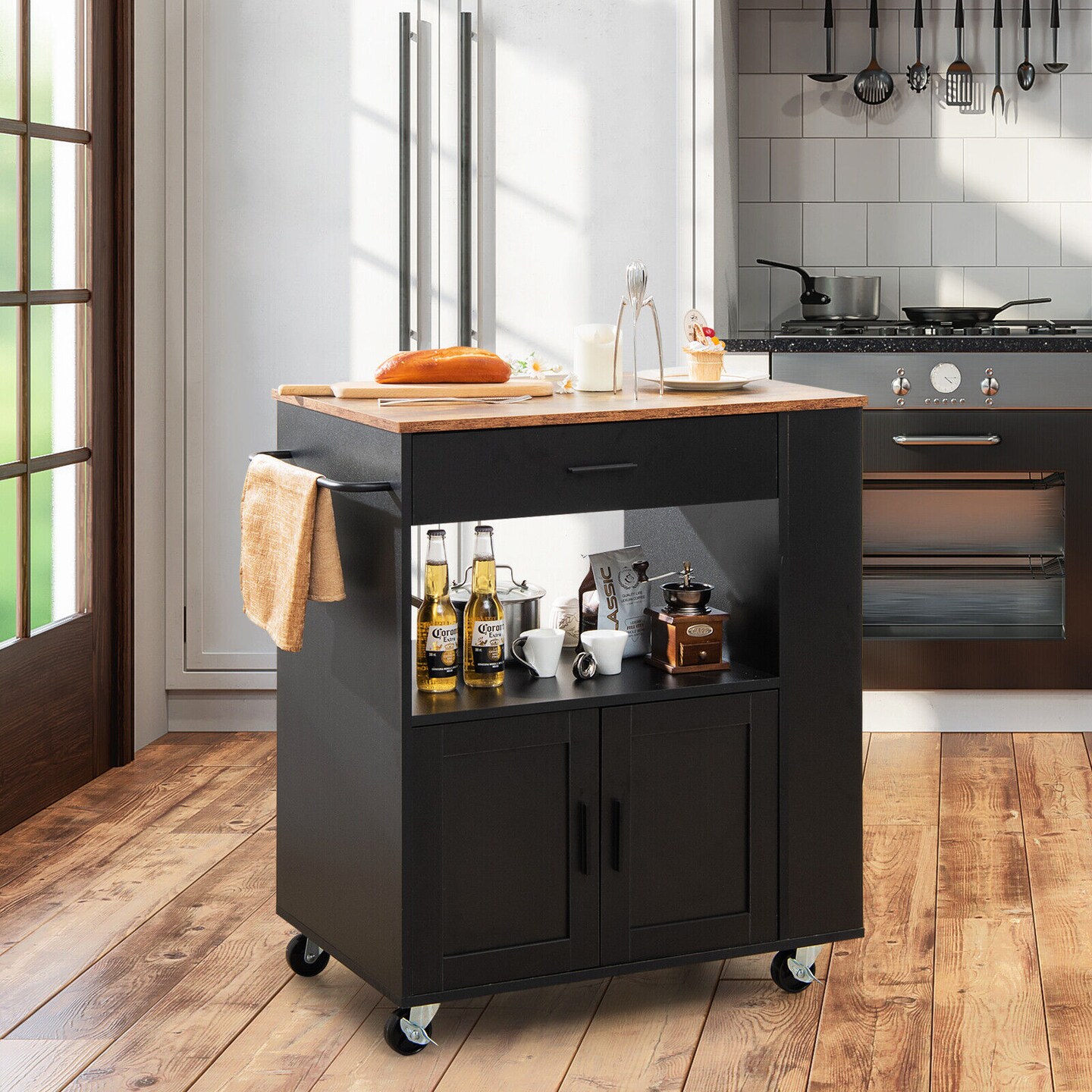 Kitchen Island Cart Rolling Storage Cabinet with Drawer and Spice Rack Shelf