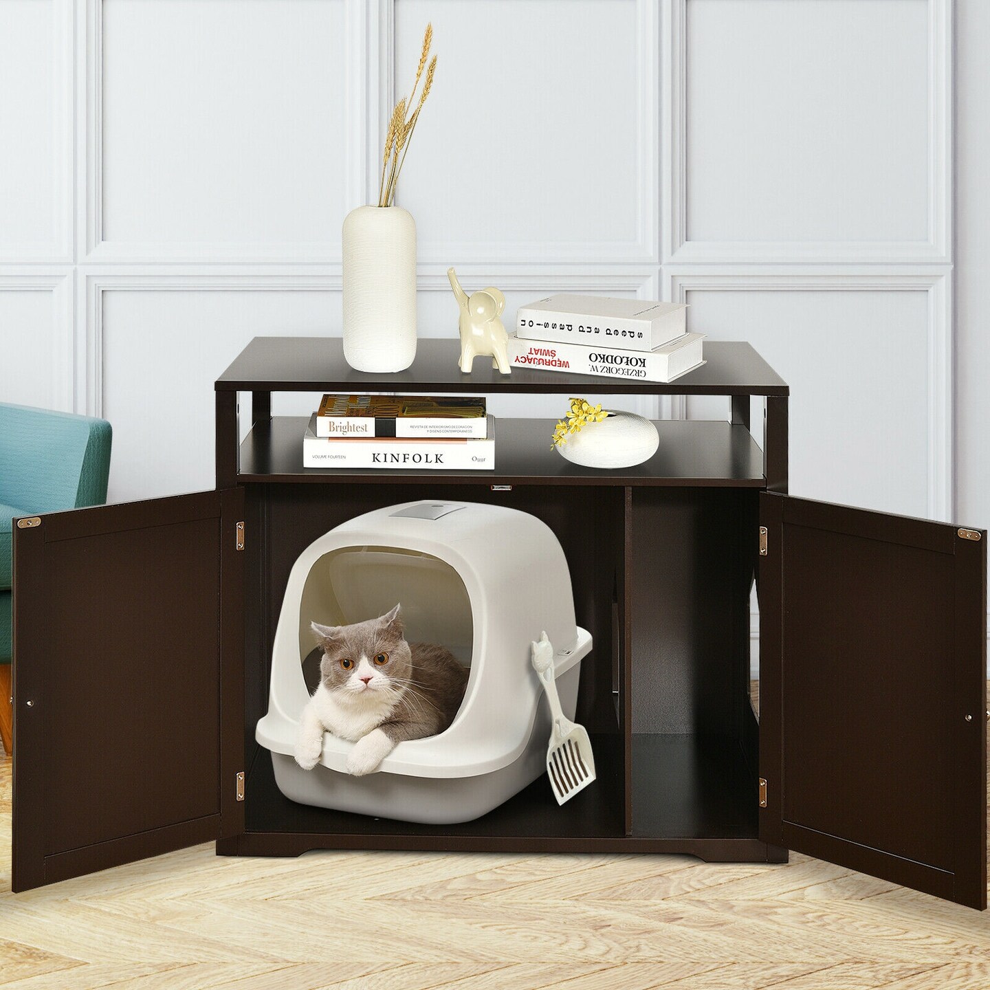 Wooden Cat Litter Box Enclosure Hidden Cat Washroom with Storage Layer