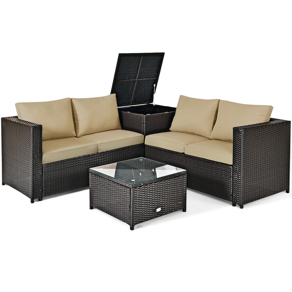 4 Pcs Outdoor Patio Rattan Furniture Set with Cushioned Loveseat and Storage Box