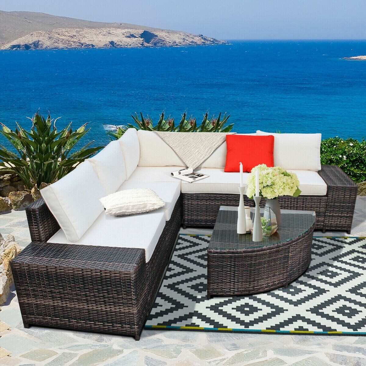 6 Pieces Rattan Furniture Cushioned Sofa Set