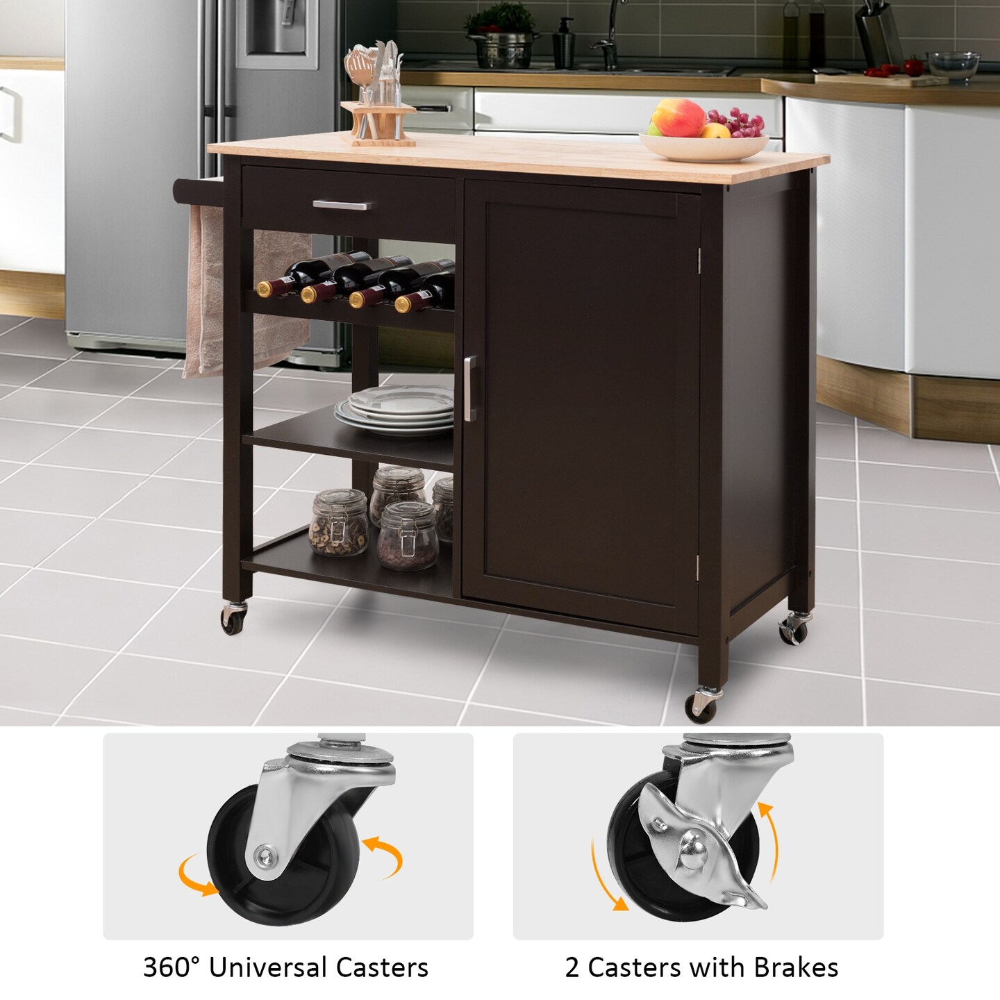 Kitchen Island Cart Rolling Serving Cart Wood Trolley with Adjustable Shelf