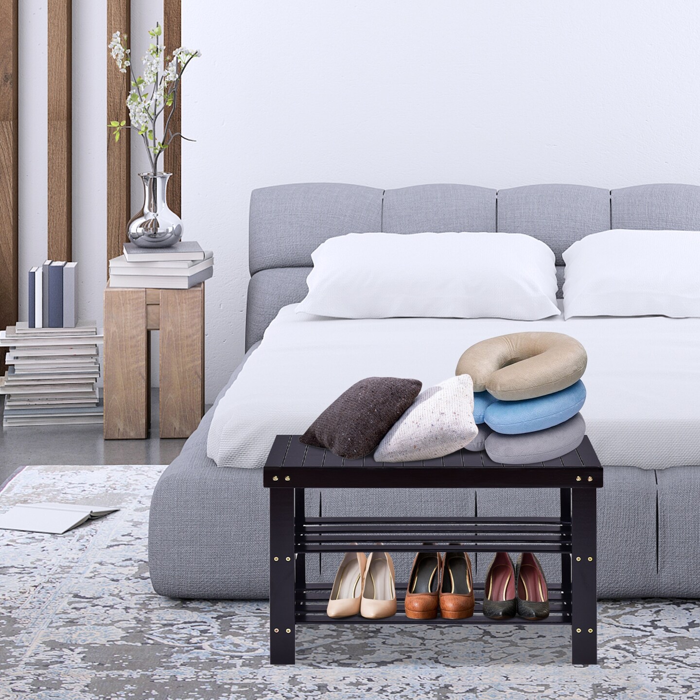 3-Tier Wicker Slatted Shoe Bench Holds up to 6 Pairs for Entryway