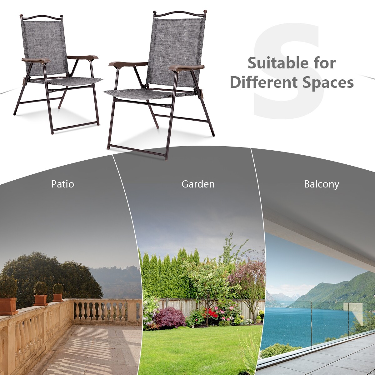 Set of 2 Patio Folding Sling Back Camping Deck Chairs with Steel Tube and Plastic Frame