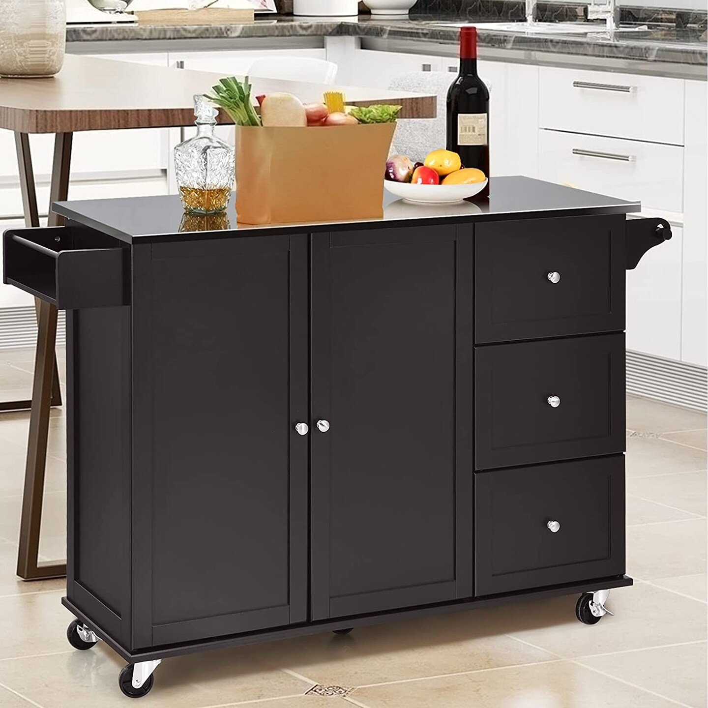 Kitchen Island 2-Door Storage Cabinet with Drawers and Stainless Steel Top