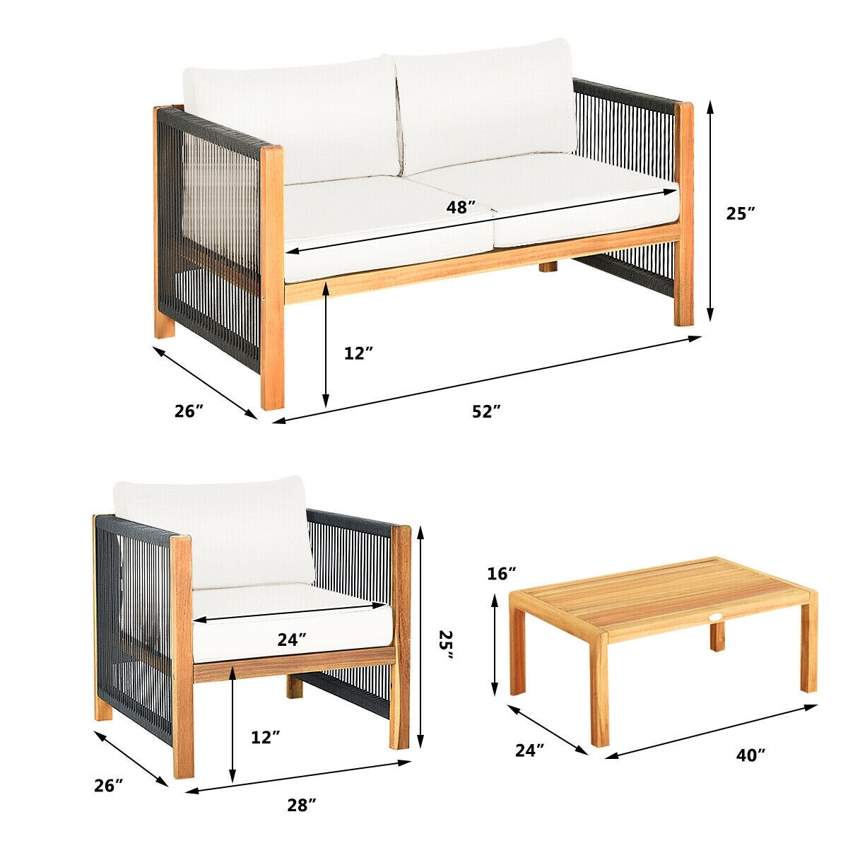4 Pcs Acacia Wood Outdoor Patio Furniture Set with Cushions