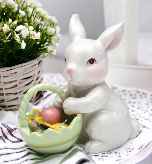 Ceramic Bunny Rabbit With Easter Egg Basket Figurine, Home D&#xE9;cor, Gift for Her, Gift for Mom, Kitchen D&#xE9;cor, Spring D&#xE9;cor, Easter D&#xE9;cor
