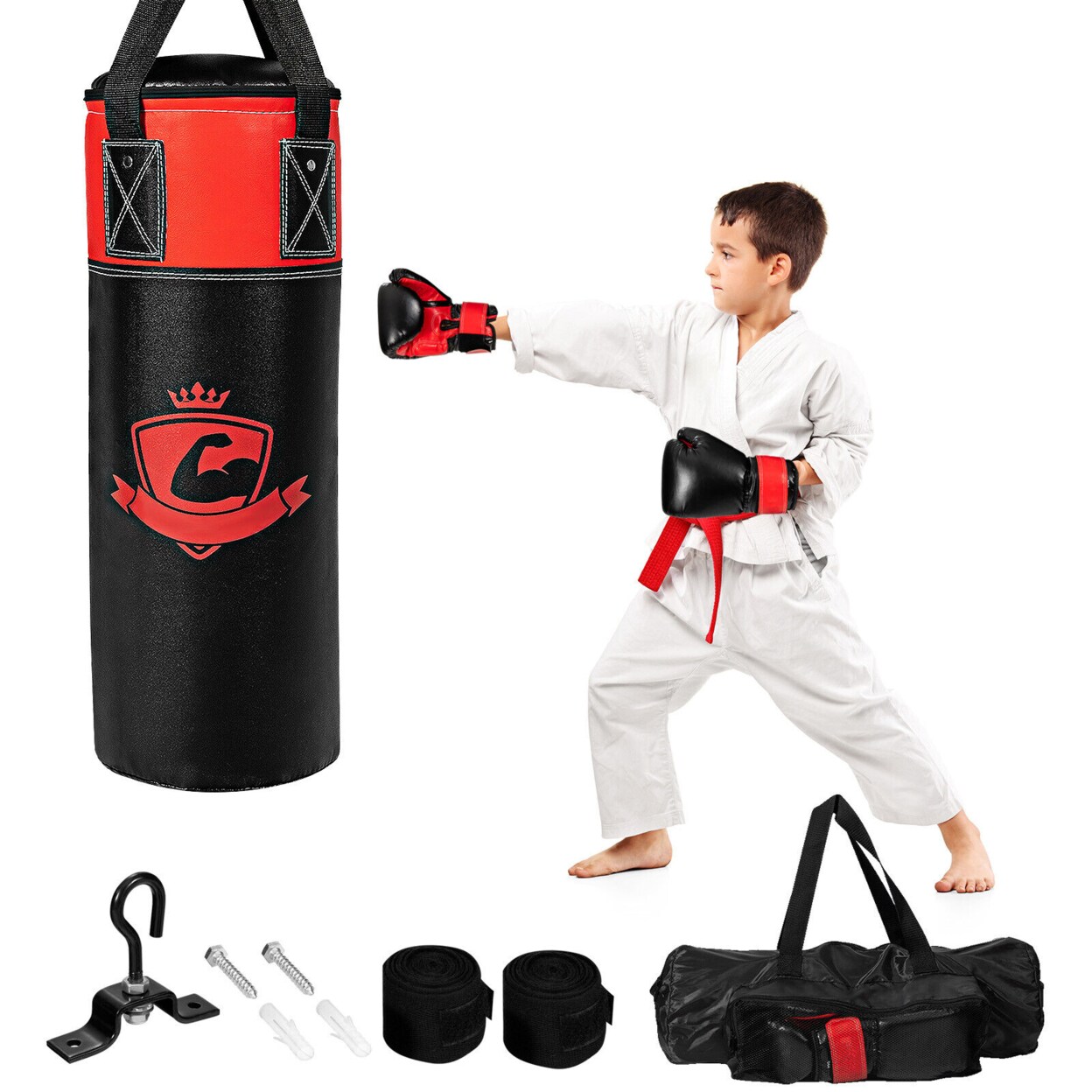 11Lbs Kids Punching Boxing Bag Set W/ Hand Wraps Punching Gloves Bag Hook Hanging