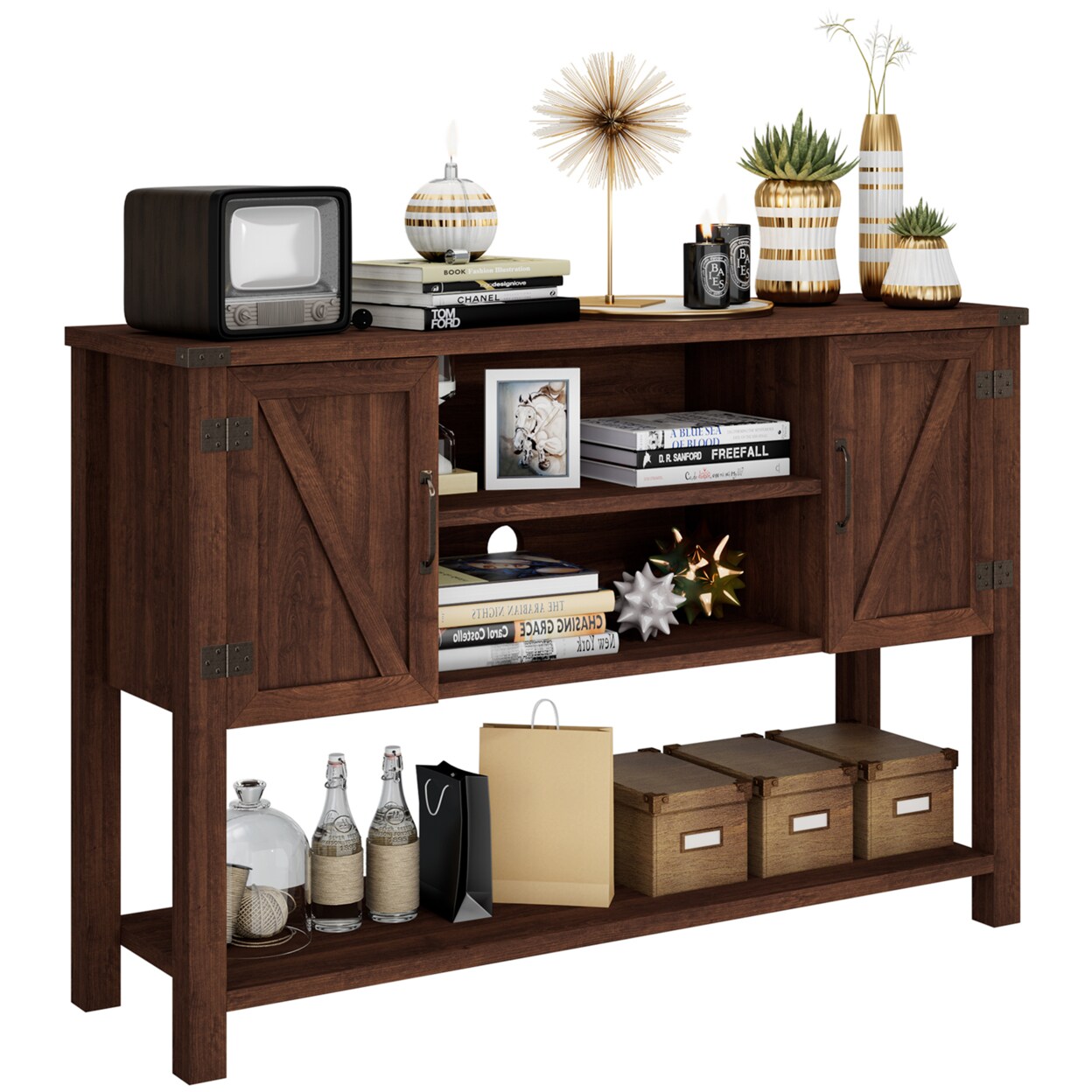 Buffet Sideboard Storage Cupboard Console Table W/ Open Shelf And Side Cabinets Brown