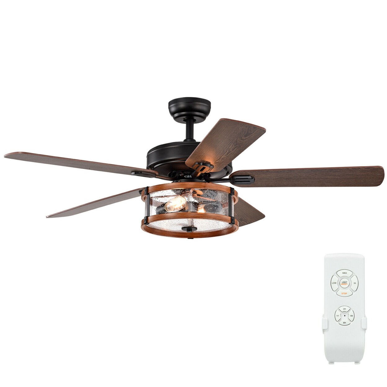 52 Retro Ceiling Fan Lamp W/Glass Shade Reversible Blade Remote Control