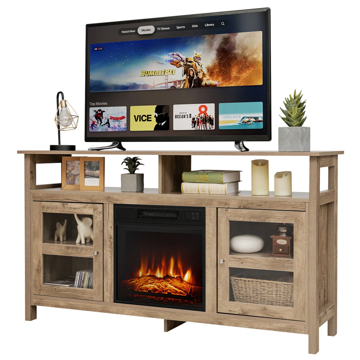 Gymax 58 Fireplace TV Stand W/18 1400W Electric Fireplace up to 65 Natural
