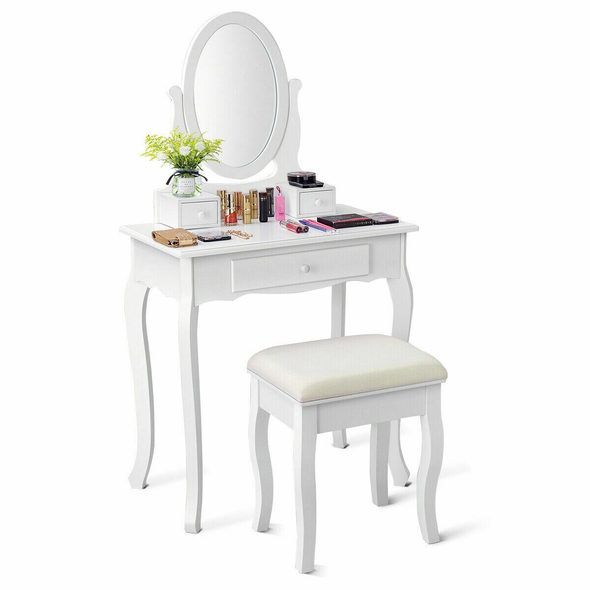 Gymax Makeup Dressing Table Stool Set w/ Drawers Mirror Vanity Set White