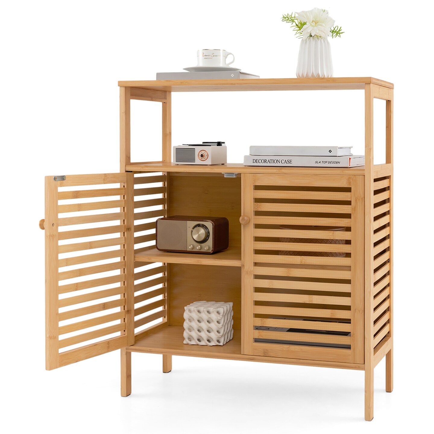 Bathroom Floor Cabinet Freestanding Bamboo Storage Organizer W/ Double