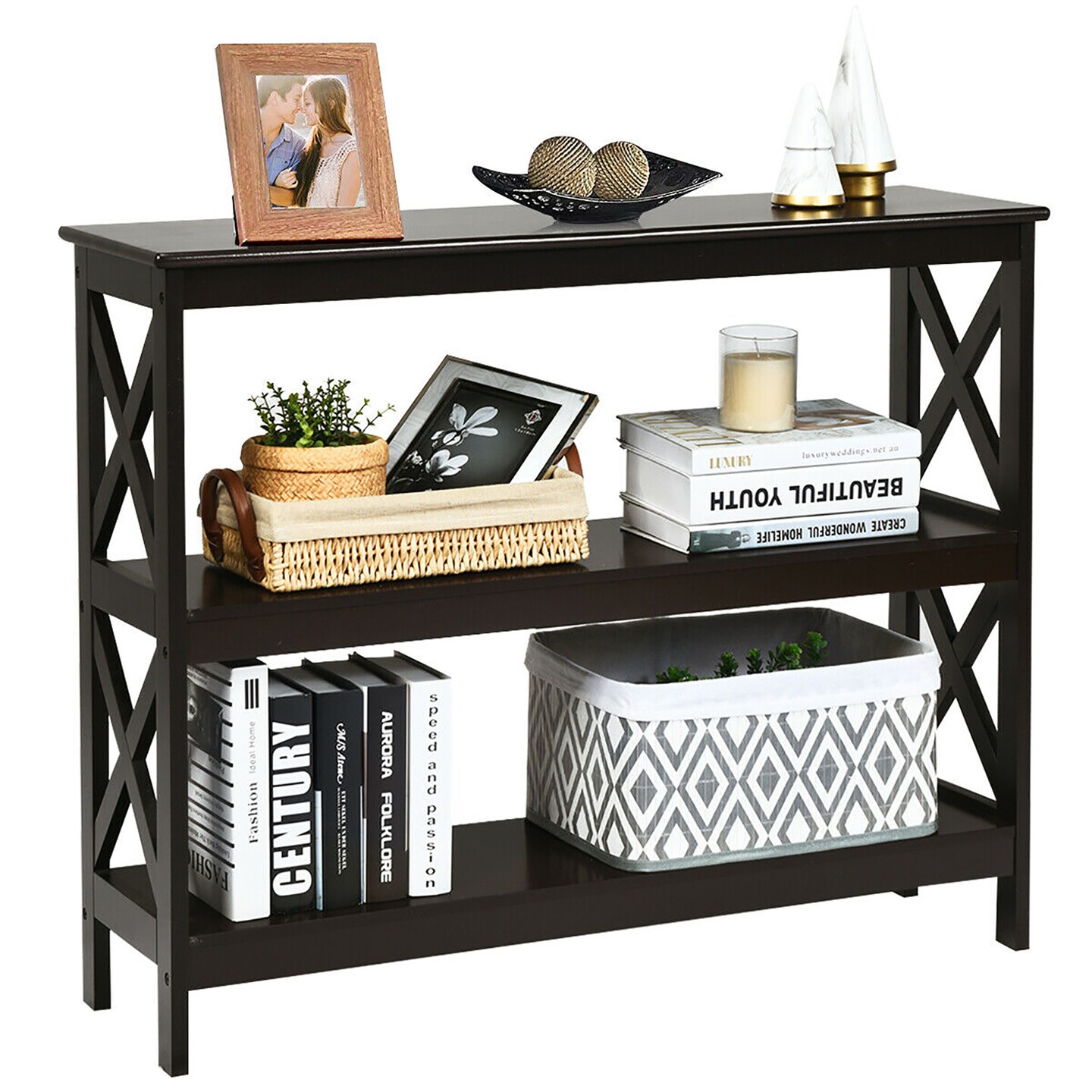 Costway 3-Tier Console Table x-Design Bookshelf Sofa Side Accent Table w/Shelf Espresso\Black