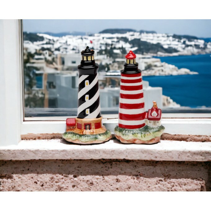Ceramic Black and Red Lighthouse Salt and Pepper Shakers, Home Decor For Kitchen