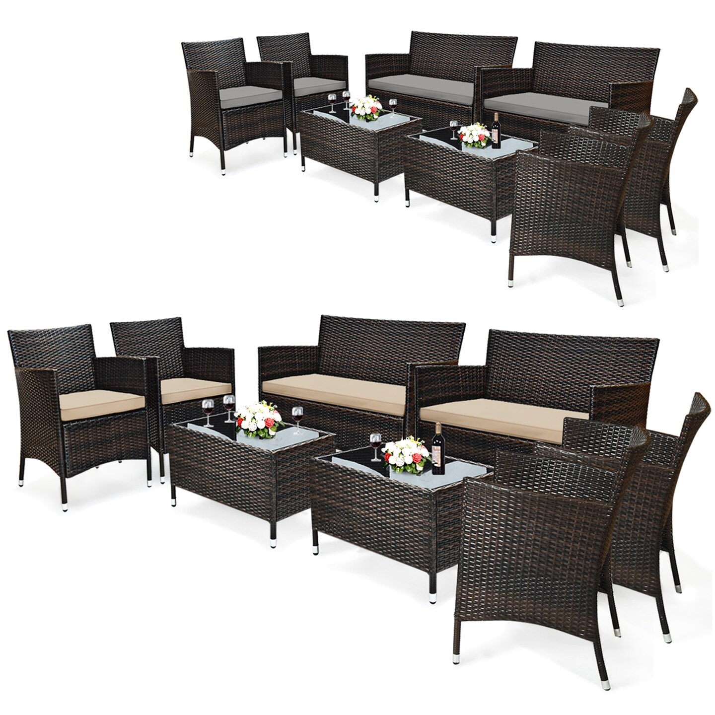 Costway 8PCS Patio Wicker Furniture Set Sofa Chair with Brown &#x26; Red Cushion Covers Garden