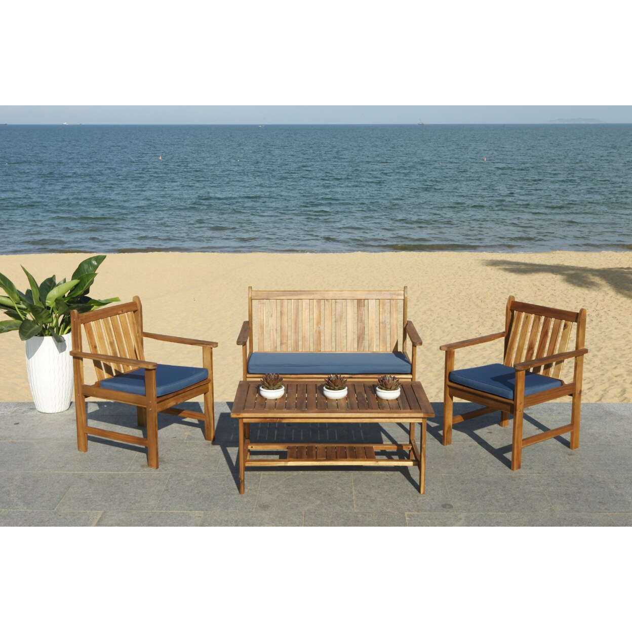 Safavieh   Outdoor Collection Burbank 4-Piece Patio Set Natural/Navy
