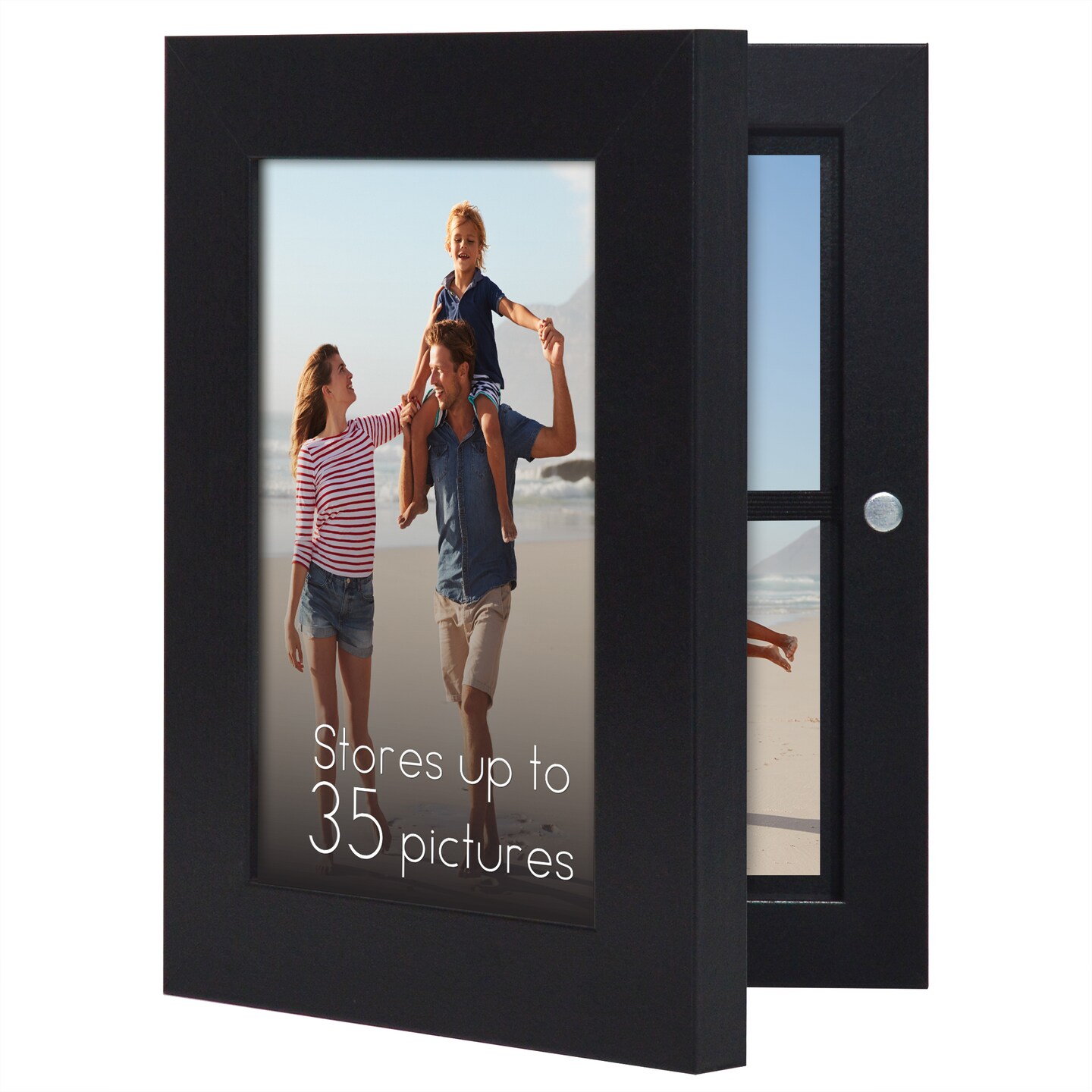 Americanflat Quick-Change Photo Storage Display Frame - Store up to 35 Pictures at Once with Elastic Strap Storage - Shatter Resistant Glass - Hanging Hardware - Includes Easel - Black