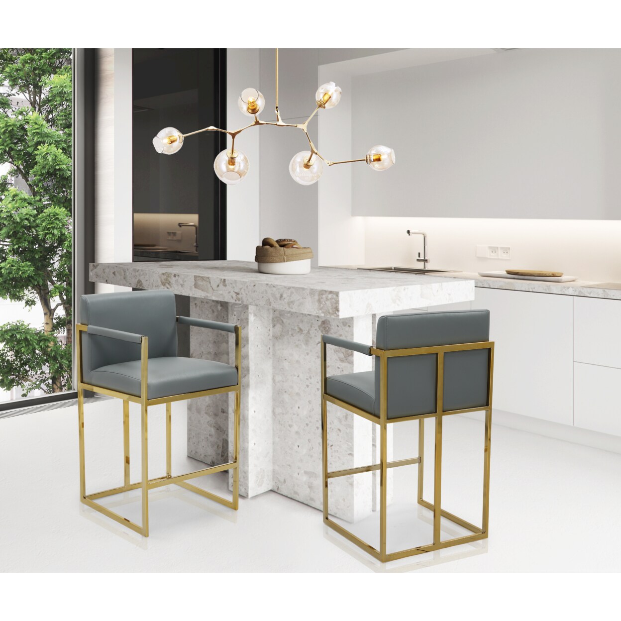Iconic Home Gertrude Bar Stool or Counter Stool Chair PU Leather Upholstered Square Arm Design Architectural Goldtone Solid Metal