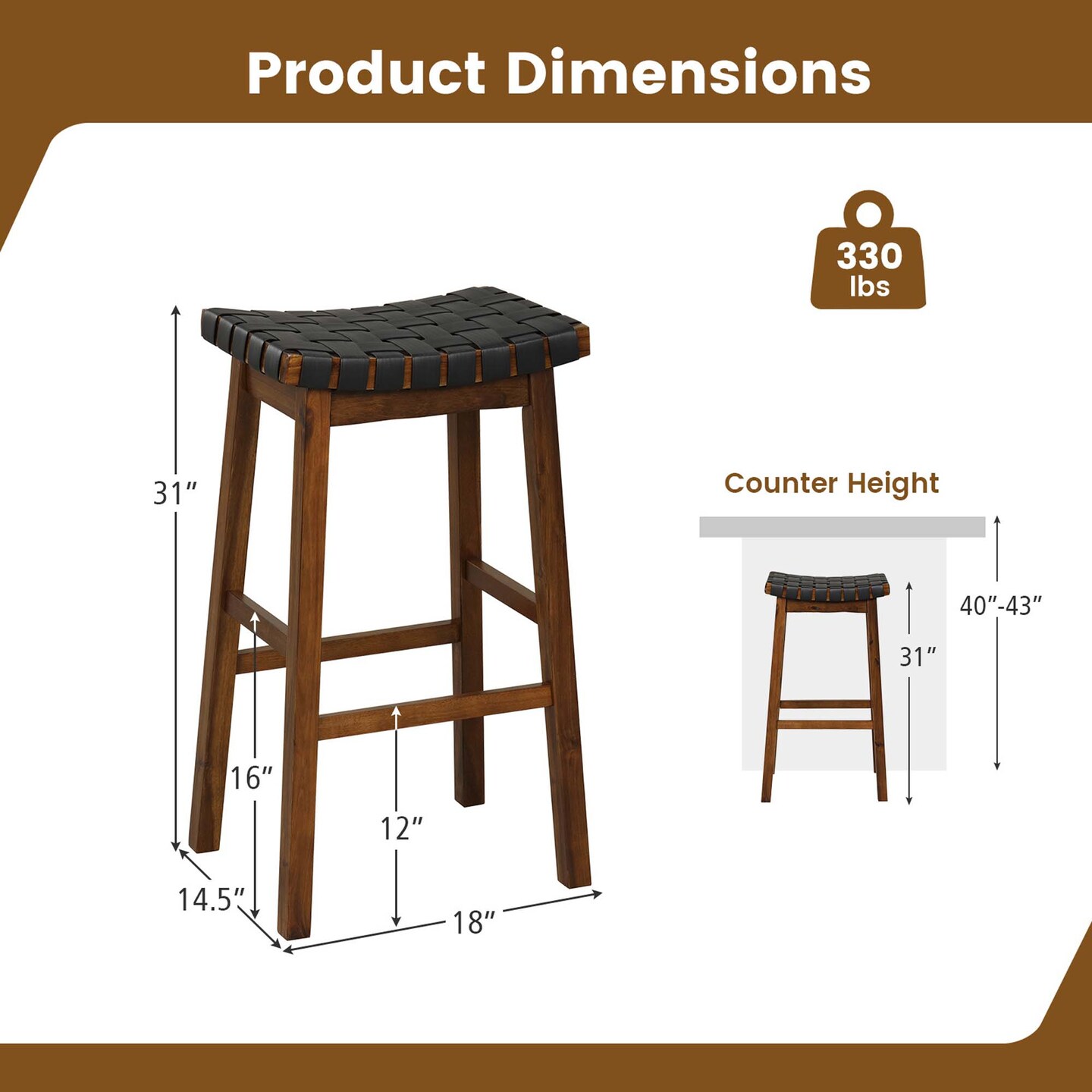 Costway Woven Saddle Stools Set of 2 Faux PU Leather Counter Height Kitchen Stool