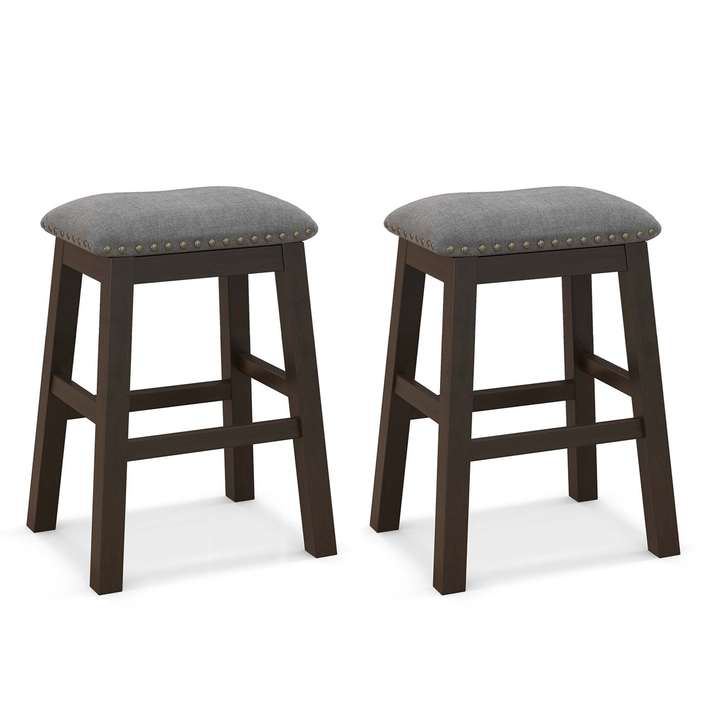 Costway Set of 2 Upholstered Saddle Bar Stools 24.5&#x27;&#x27; Dining Chairs with Wooden Legs Gray