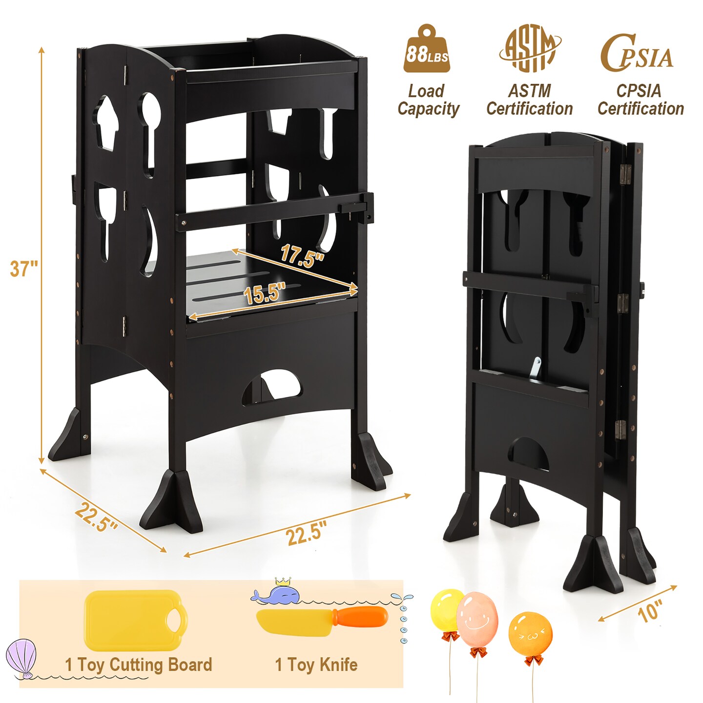 Costway Folding Kitchen Kids Step Ladder Stool Wooden Toddler Safety Tower Helper Coffee/White