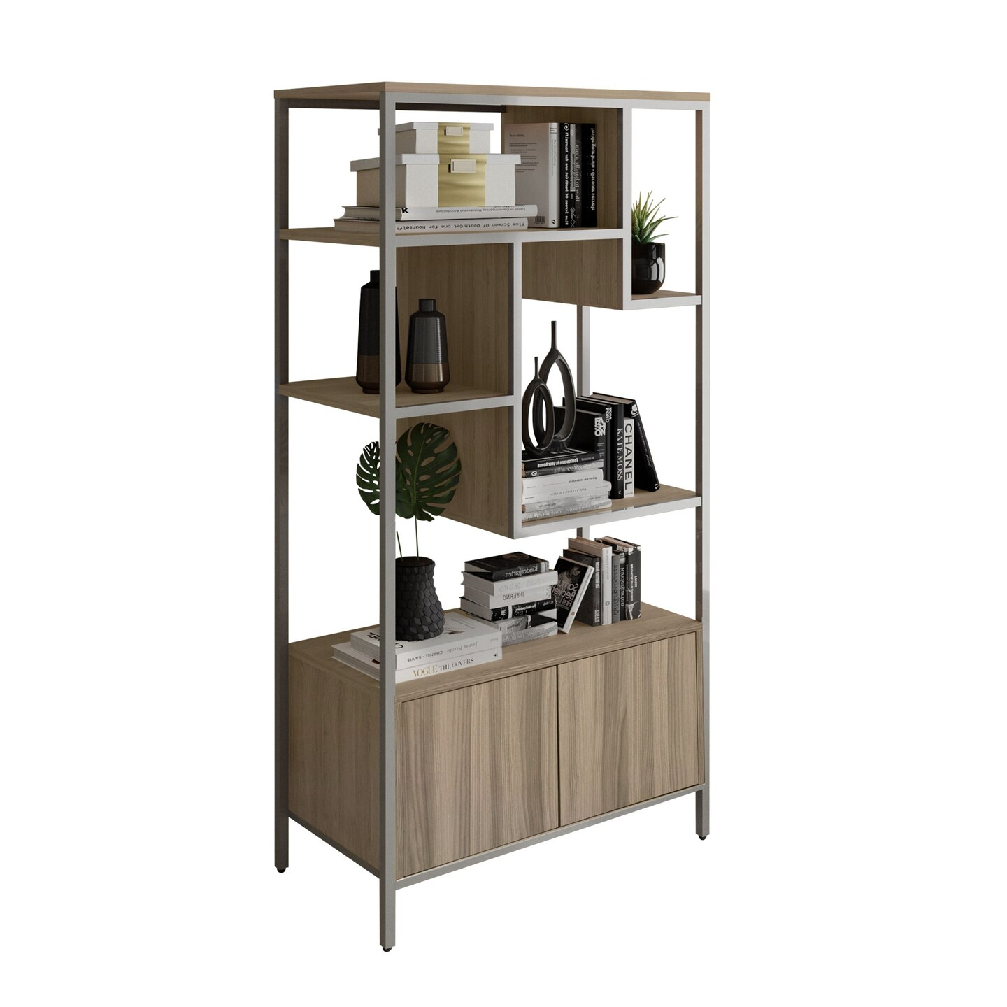 Techni Office Solutions Storage Rack Shelf with Door Cabinet - 63&#x22; - Brown and Silver
