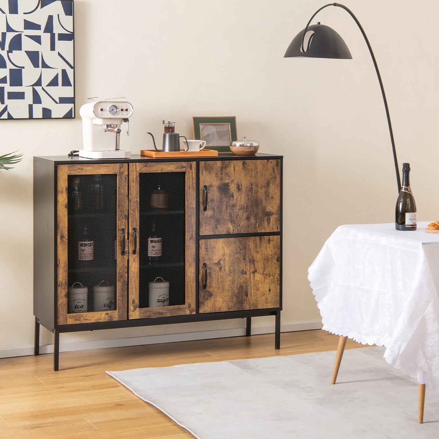 Costway Farmhouse Buffet Sideboard Console Table Cupboard with Metal Mesh Doors & Cabinets