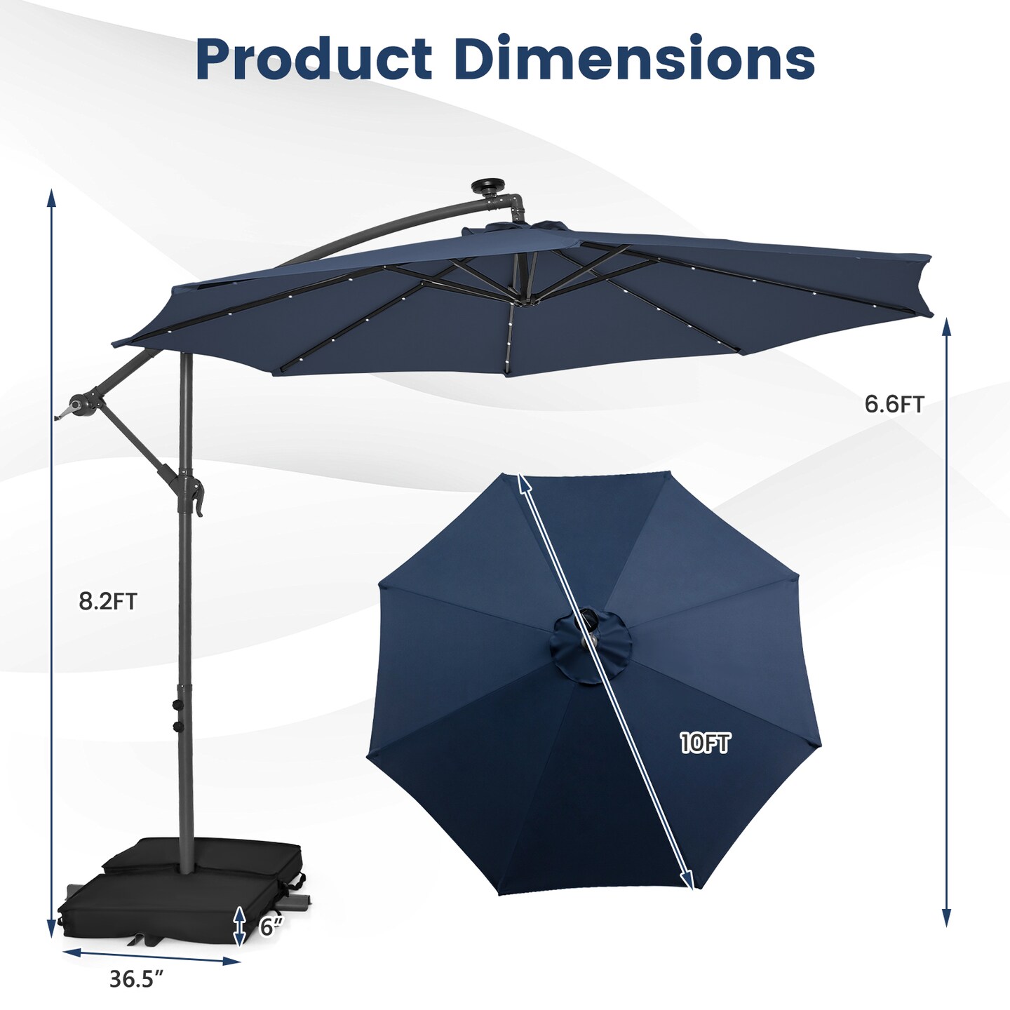 10 Feet Cantilever Umbrella with 32 LED Lights and Solar Panel Batteries