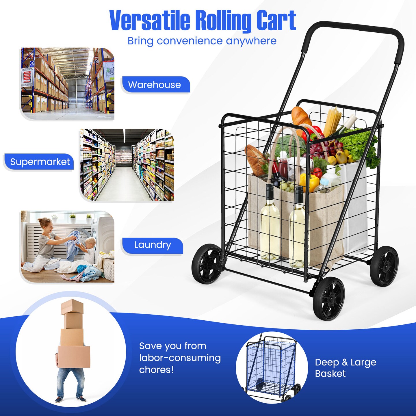 Portable Folding Shopping Cart Utility for Grocery and Laundry