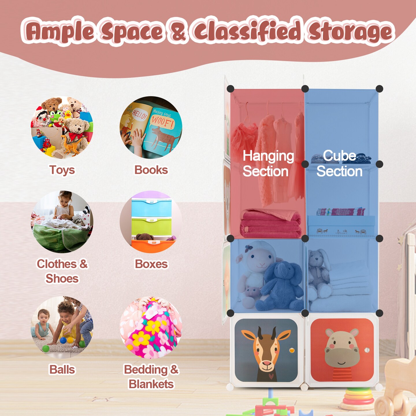 Costway 8-Cube Kids Wardrobe Baby Dresser Bedroom Armoire Clothes Hanging Closet with Doors Blue/Pink/White