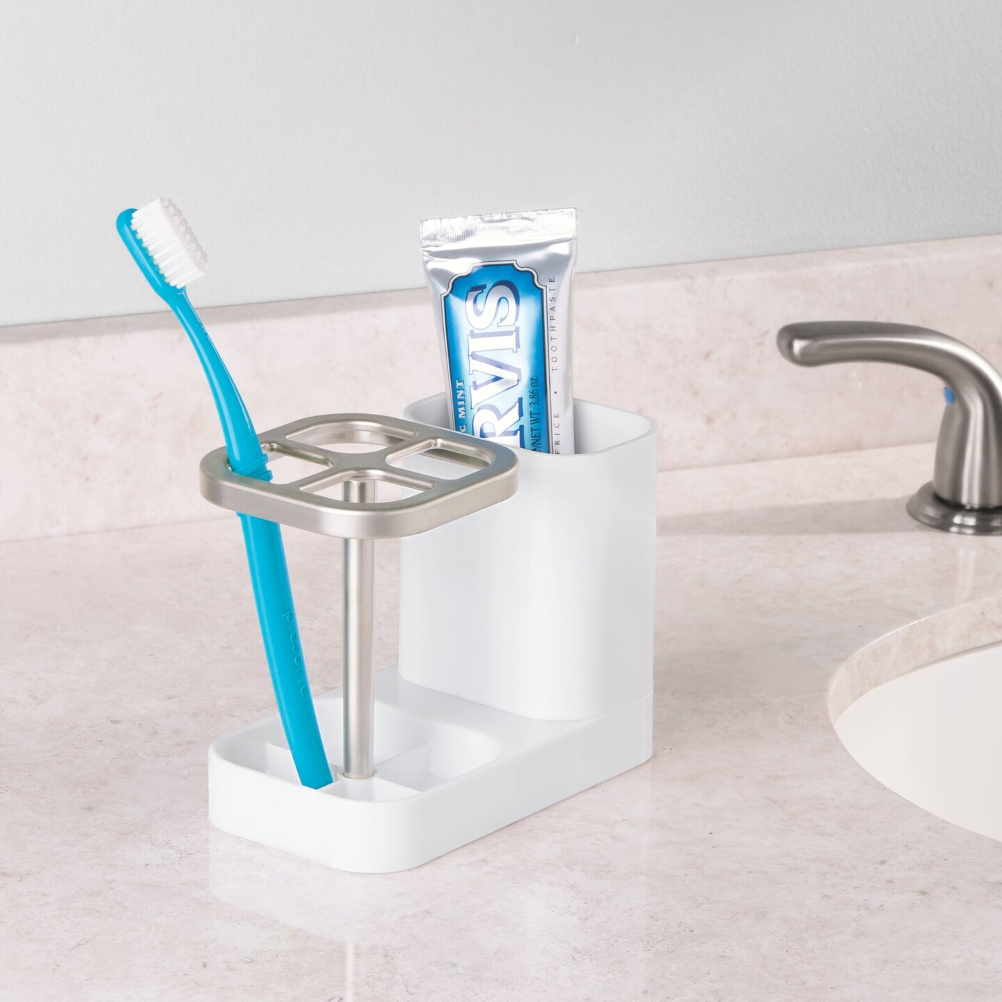 mDesign Plastic Toothbrush Storage Organizer Holder with Cup