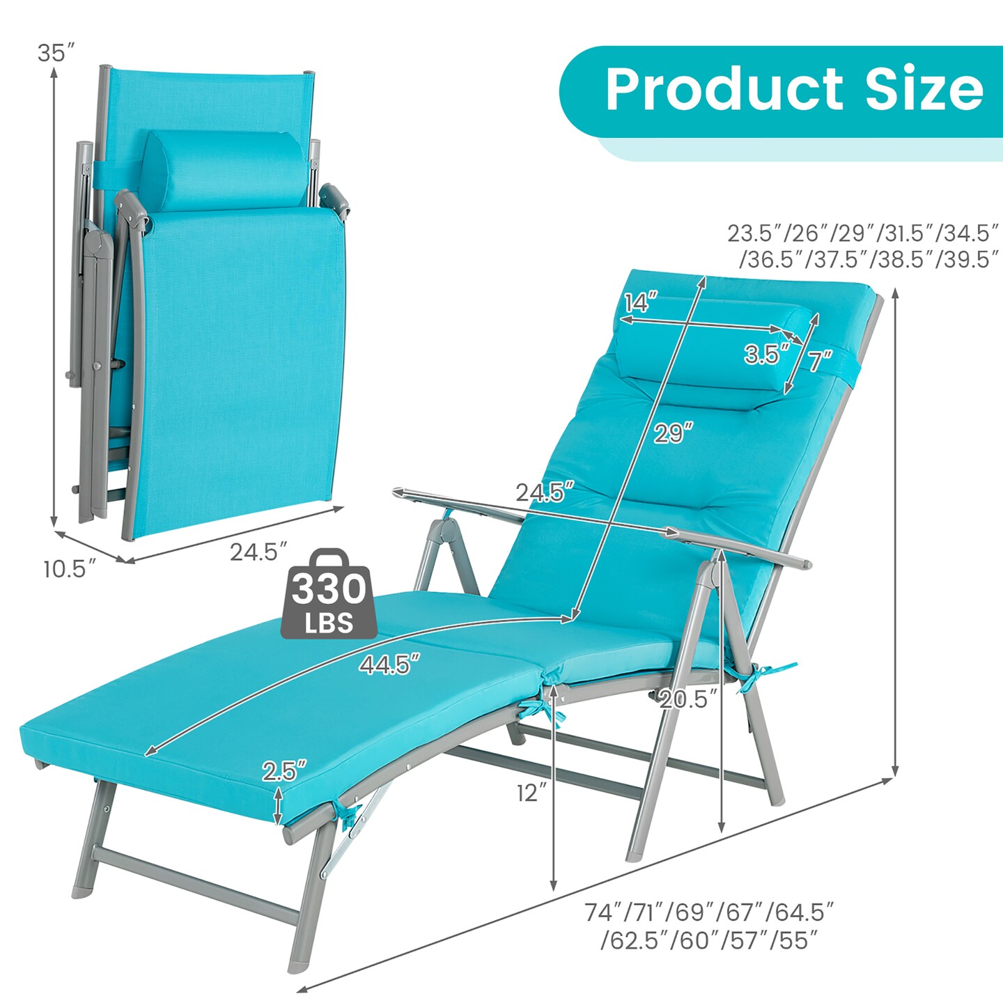Costway Outdoor Folding Chaise Lounge Chair Recliner Cushion Pillow Adjustable Turquoise