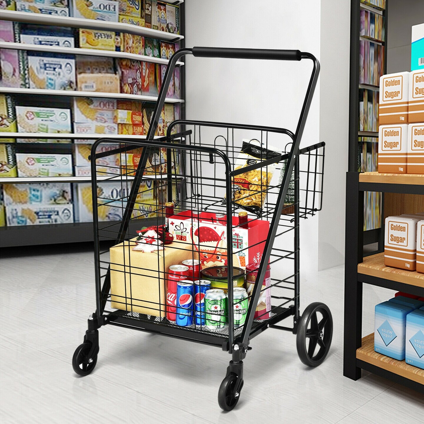 Heavy Duty Steel Folding Utility Shopping Double Cart with Mesh Base and Sturdy Rod