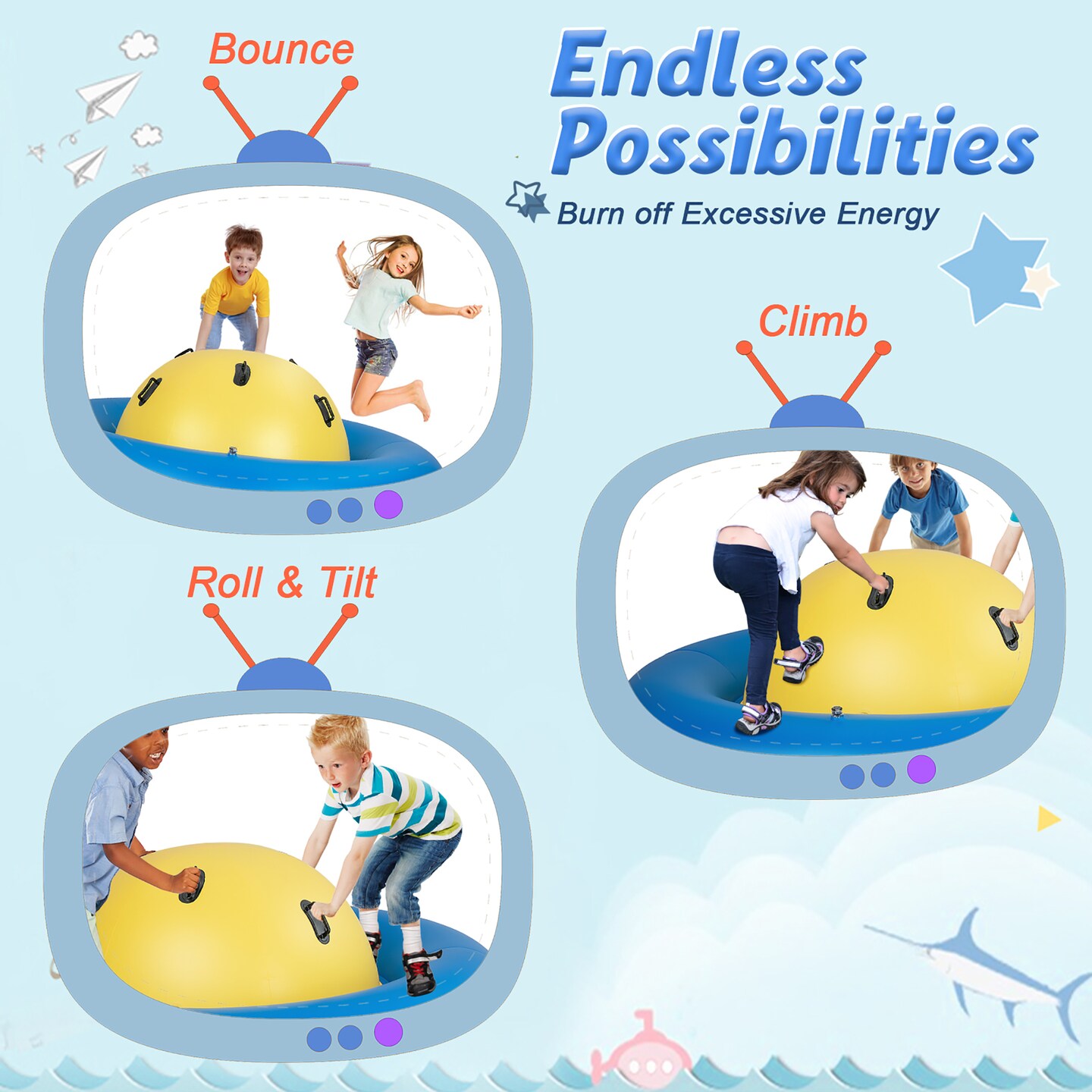 Costway 7.5 FT Inflatable Dome Rocker Bouncer with 6 Handles Fun Outdoor Game for Kids