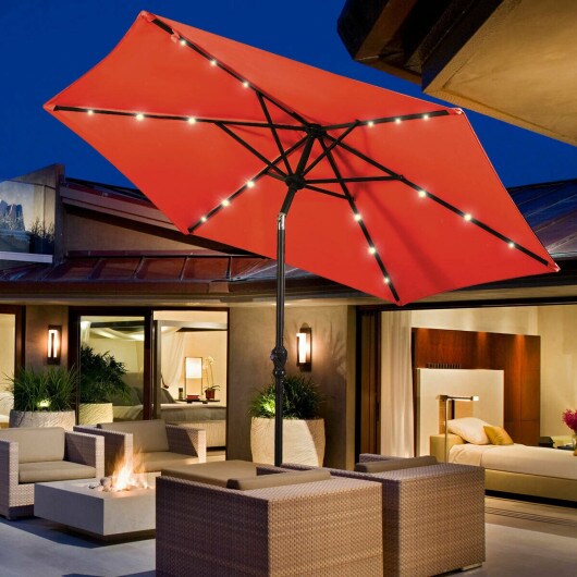 9 Feet Patio Solar Umbrella LED Patio Market Steel Tilt with Crank Outdoor