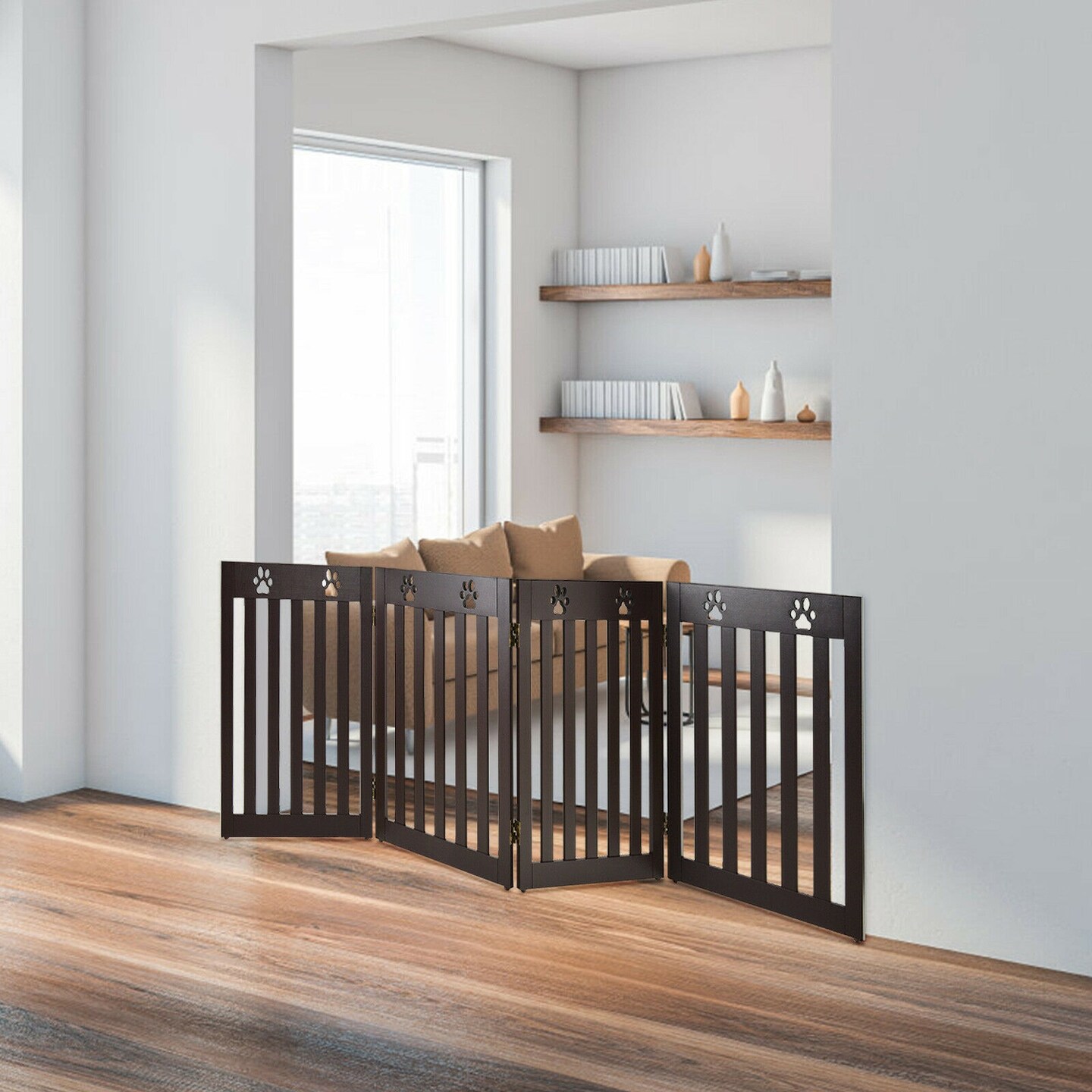 Folding Wooden Freestanding Pet Gate Dog Gate with 360&#xB0; Hinge