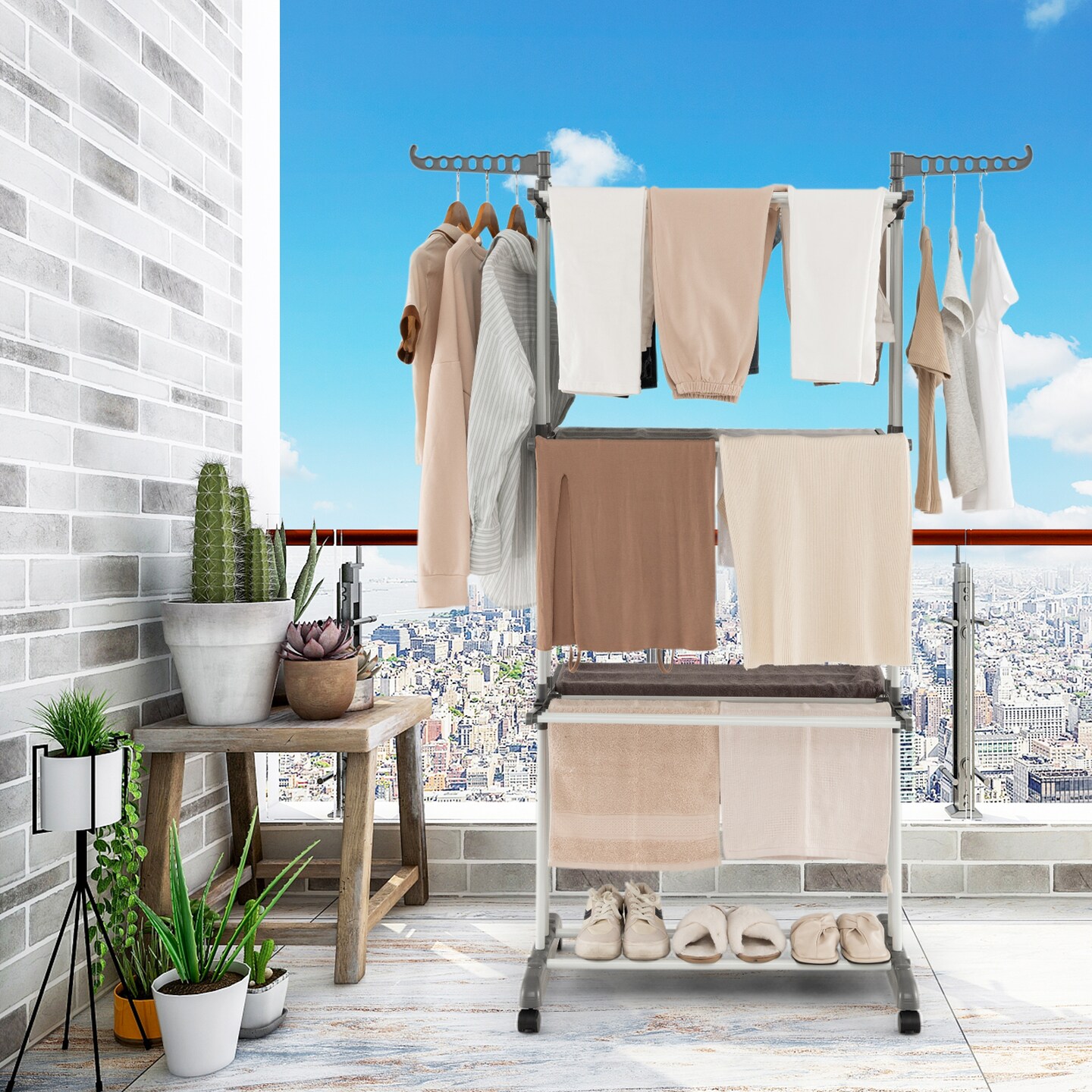 4-Tier Folding Rolling Clothes Drying Rack with Shoe Shelf and Hanger Holders for Indoor and Balcony