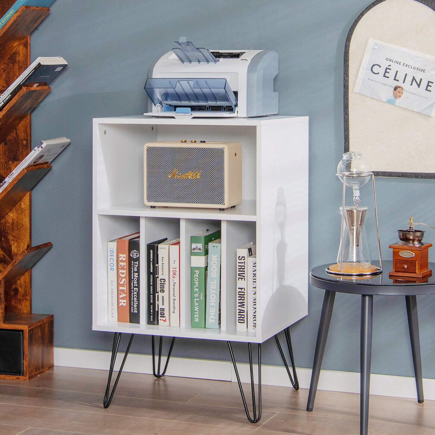 Freestanding Record Player Stand Record Storage Cabinet with Metal Legs